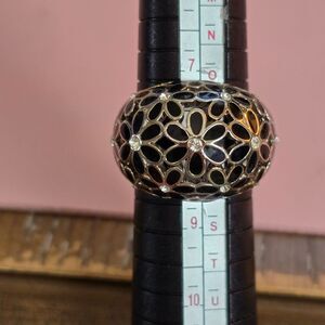 Coach Domed Ring with Black Flowers and Rhinestones Sz 8